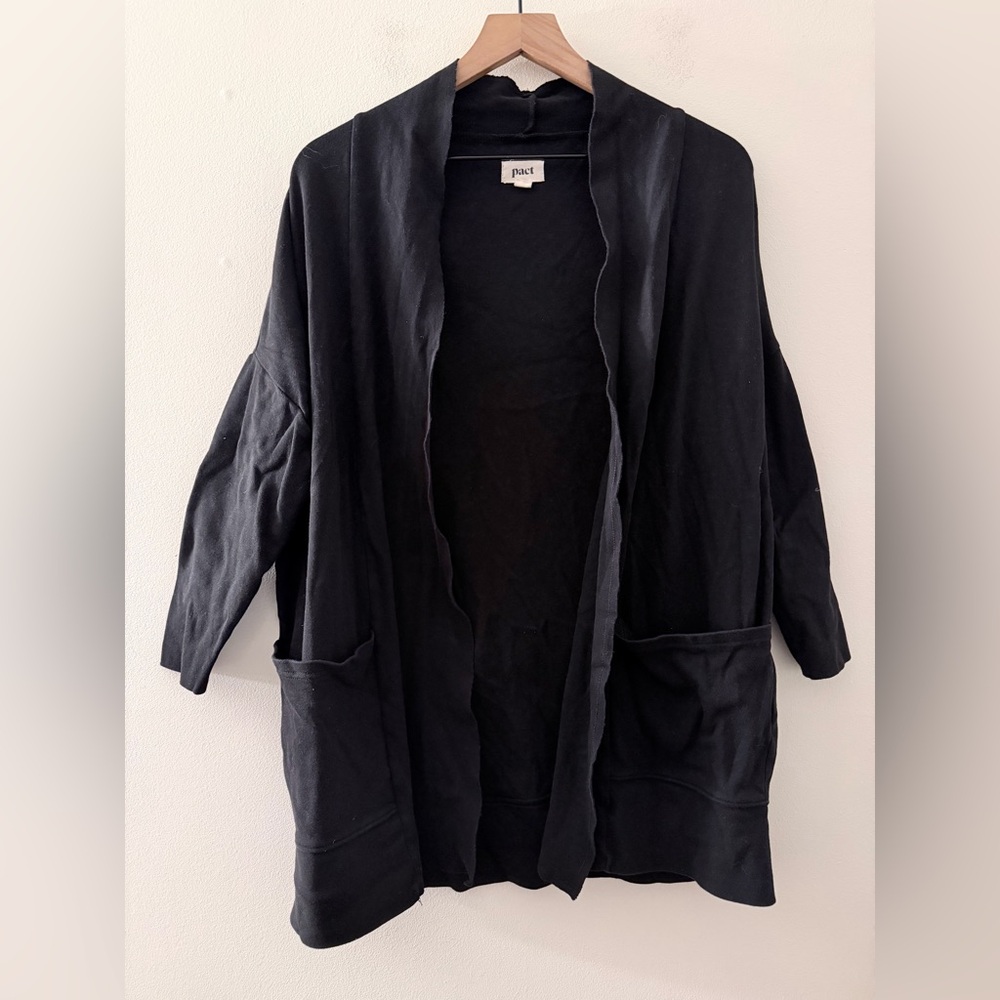Pact Black Organic Cotton Open Duster Cardigan Sweater Airplane travel Sz S/XS